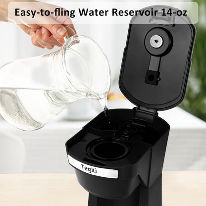 Single-Serve Coffee Maker for Pods or Grounds with 6-14oz Fill Labels, One-Button Control and Four Colors
