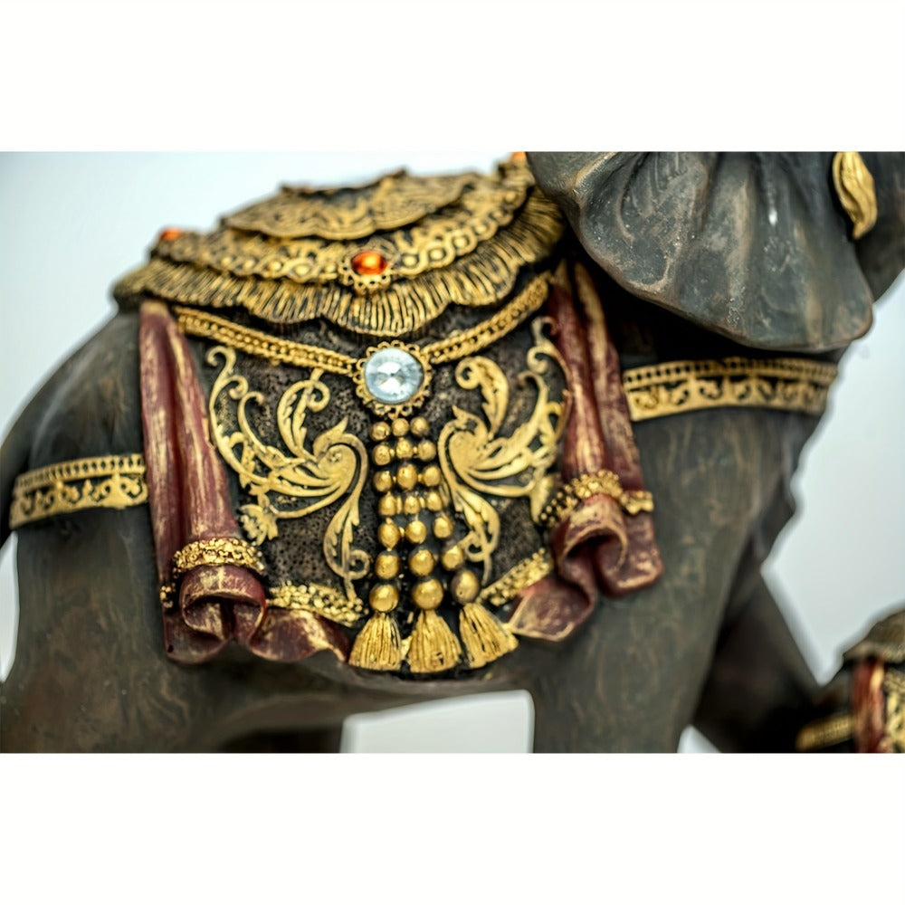 Mama and Baby Elephant Tabletop Figurine in Dark Brown with Raised Trunks and Ornate Gold-Tone Details
