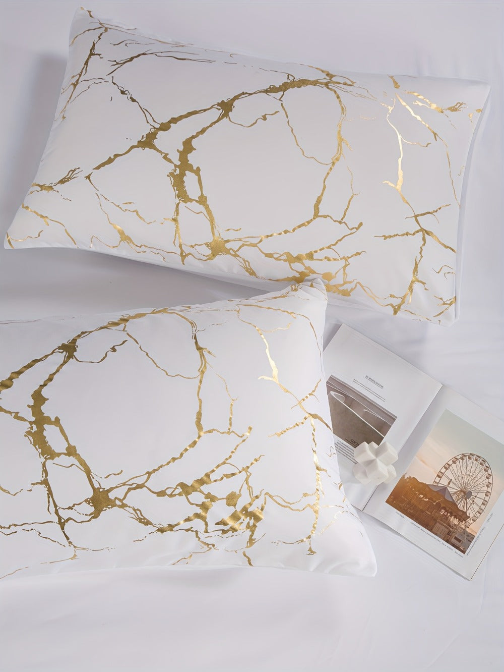 3-Piece Duvet Cover Set with Bronzed-Look Marble Vein Print in White, Khaki or Black and Four Sizes