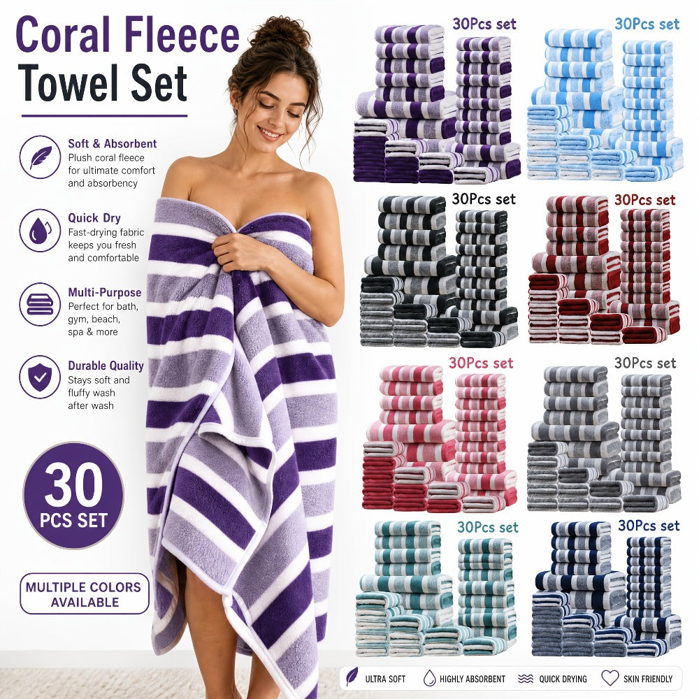 Thirty-Piece Striped Bath Towel Set with Bath, Hand and Washcloth Sizes in Ten Color Checkouts
