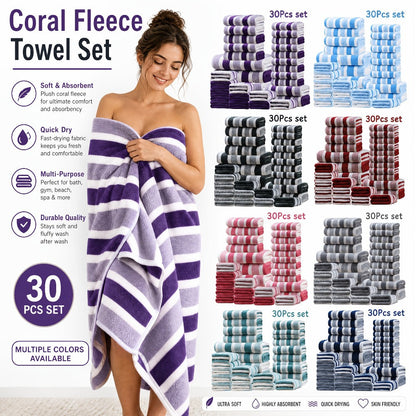 Thirty-Piece Striped Bath Towel Set with Bath, Hand and Washcloth Sizes in Ten Color Checkouts