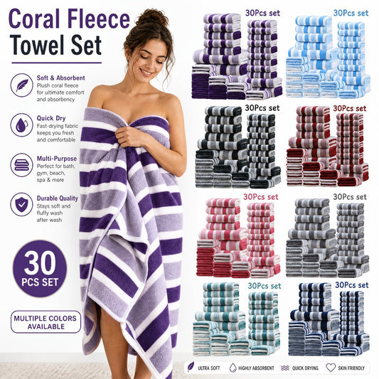 Bath Towel Set 30 Piece Coral Fleece Super Soft Quick Dry Fast Absorption Lightweight Large Wide Towels for Home Hotel Spa Gym Camping Christmas Gift Red Gray Green Navy Blue Purple Brown