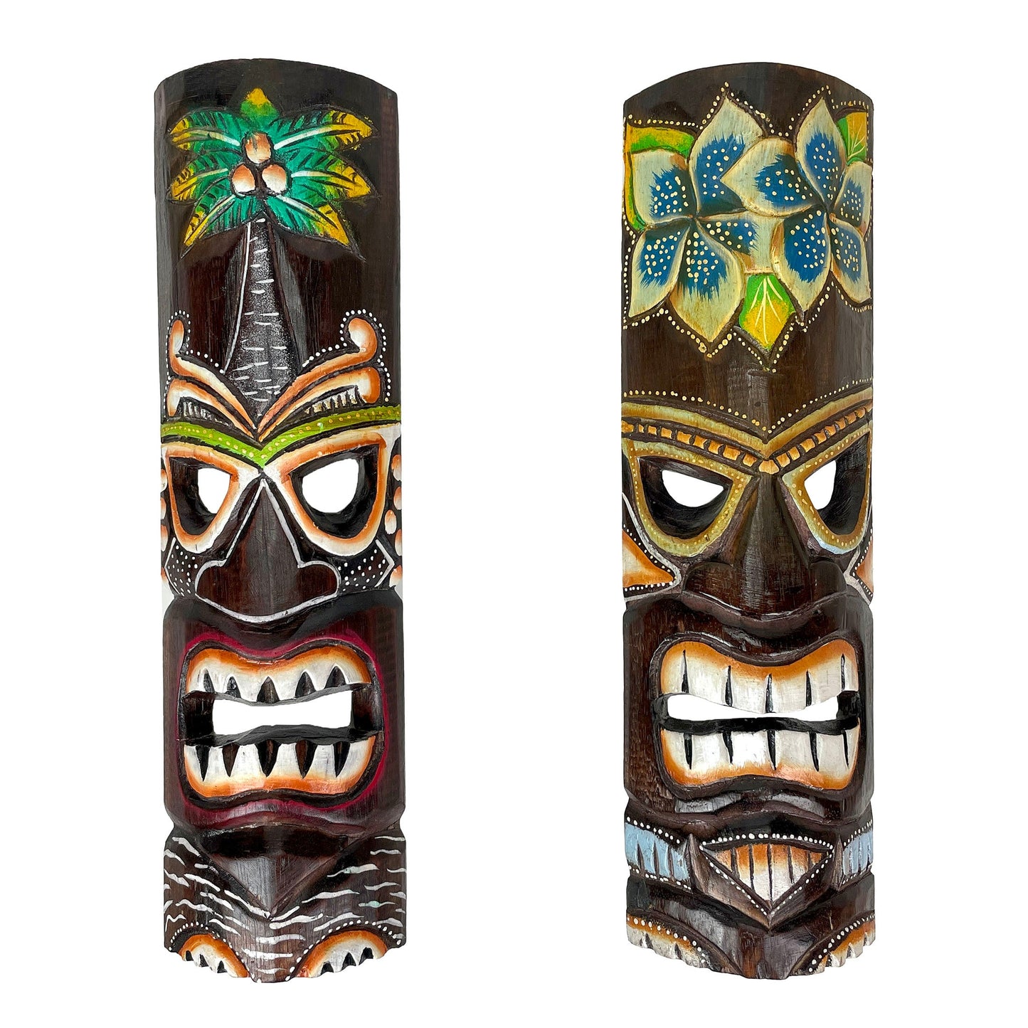 Two-Piece Multicolored Tropical Wall Mask Set with Pictured Palm and Flower Motifs and Carved-Look Details