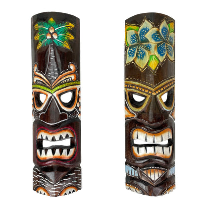 Two-Piece Multicolored Tropical Wall Mask Set with Pictured Palm and Flower Motifs and Carved-Look Details
