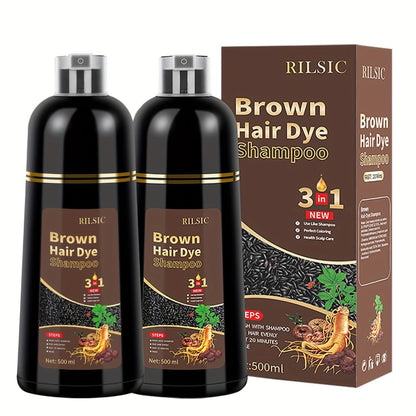Herbal Hair Dye Shampoo 3-in-1 with Plant Squalene 2pcs 16.91oz — Instant Gray Hair Coverage, Natural Color in Minutes, Brown Dark Brown & Black, Unisex Men & Women