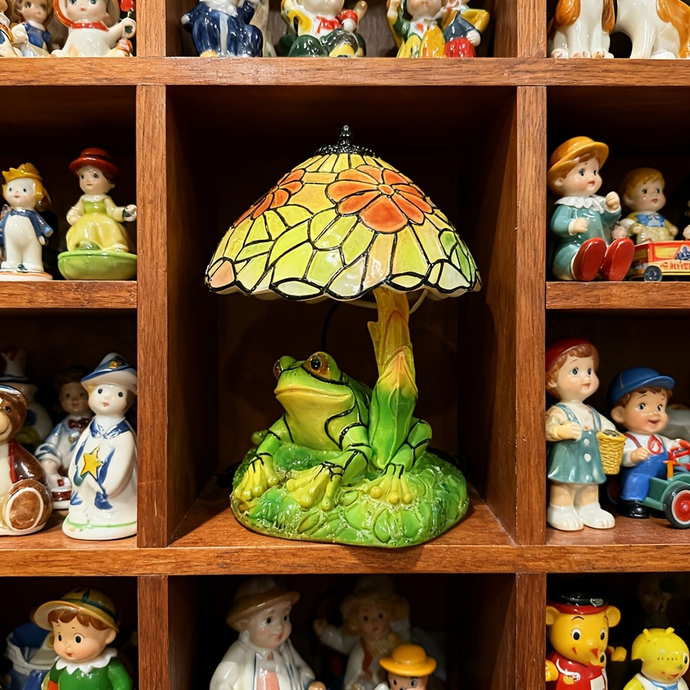 Table Lamp with 3D Frog Base, Floral Art-Glass Shade and Single Corded Decorative Design for Bedside Decor