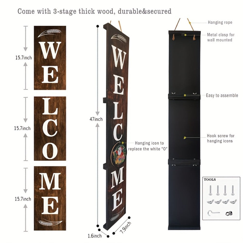 Seasonal Welcome Porch Sign with 12 Interchangeable Icons, 47-Inch Leaner Board in Six Color Options