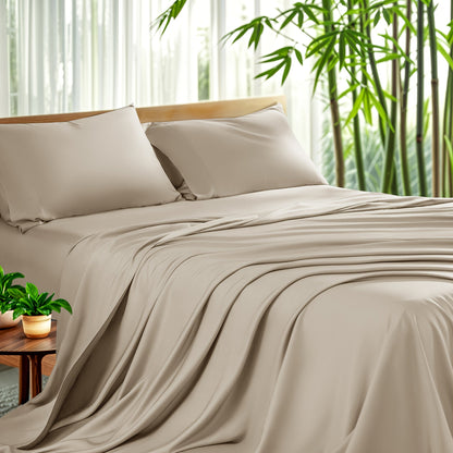 Sheet Set, Four-Piece Bamboo-Blend Plain-Weave Bedding with 16-Inch Fitted Pocket and Thirteen Solid Colors