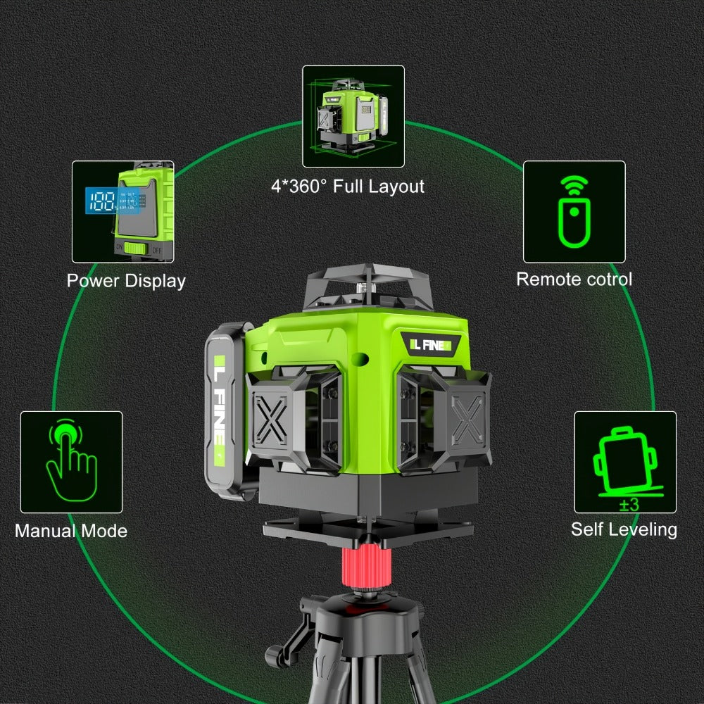 16-Line-Labeled Laser Level Packages in Five Red or Green Housing and Tripod Configurations