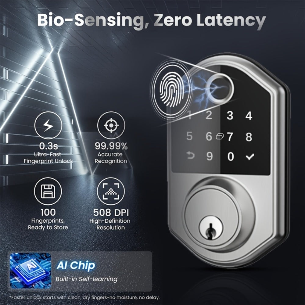 Anti-Peep Keypad Door Lock with Fingerprint & Auto-Lock - Biometric Smart Lock, IC Card Option, Keyless Entry for Home, Bedroom, Office & Apartment, Easy DIY Install, Black & Silver