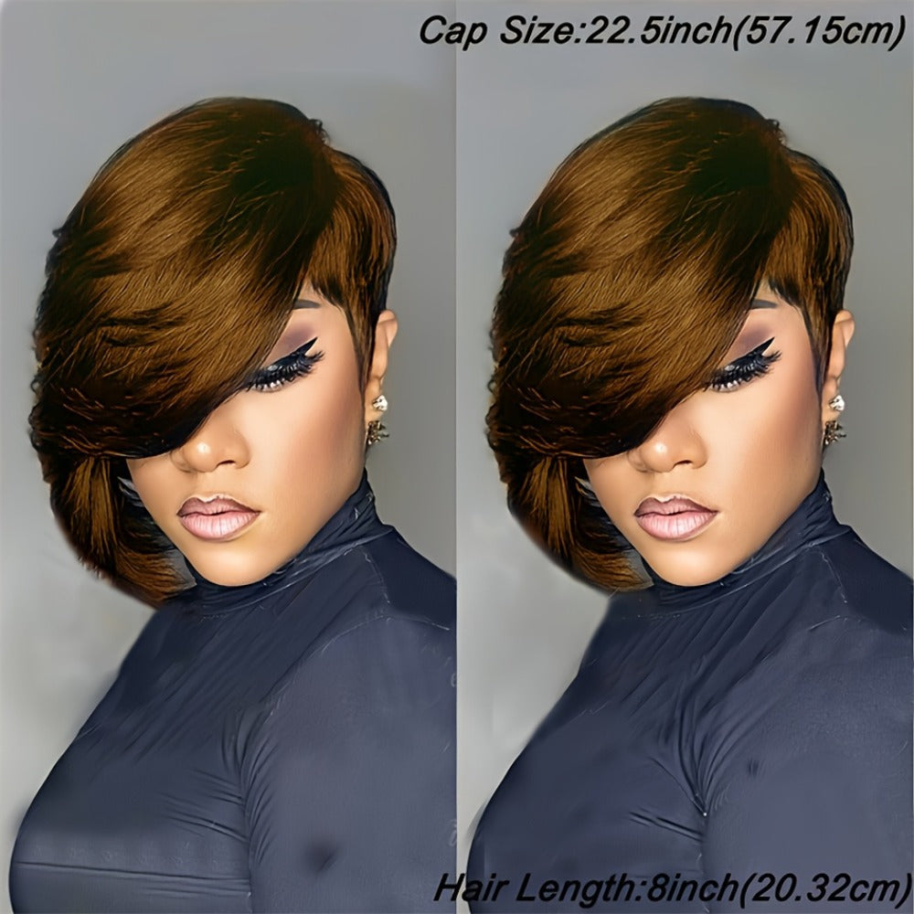 Layered Pixie Human Hair Wig with Side Bangs in #4 Brown, #99J Burgundy or #1 Black Color Options