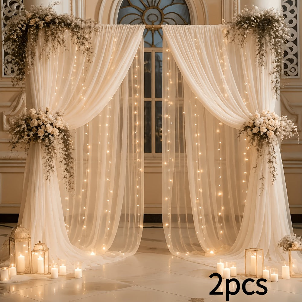 Champagne Tulle Photography Backdrop Set with Two Curtain Panels, USB String Lights and Ten Hooks