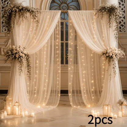 Champagne Tulle Photography Backdrop Set with Two Curtain Panels, USB String Lights and Ten Hooks