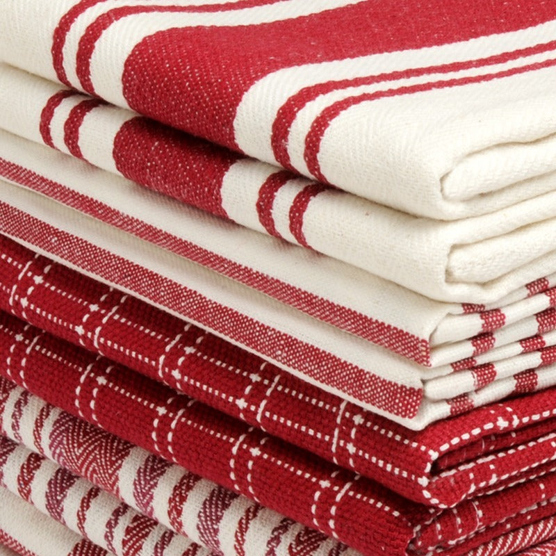 Ten-Pack Cotton Flat-Weave Kitchen Towel Set with Stripe, Check and Solid-Border Designs in Nine Colors