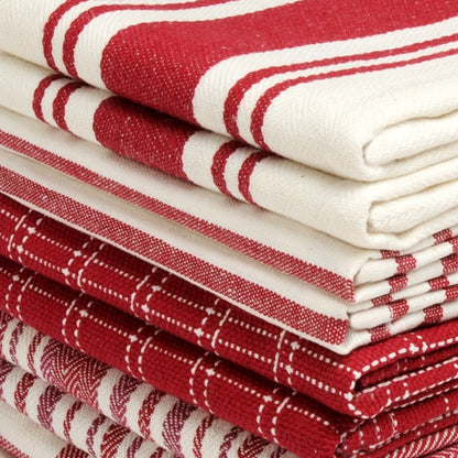 Ten-Pack Cotton Flat-Weave Kitchen Towel Set with Stripe, Check and Solid-Border Designs in Nine Colors