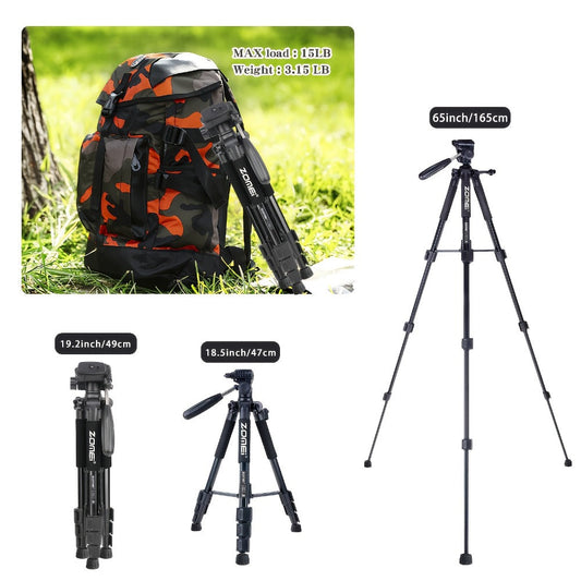 Aluminum Alloy Camera Tripod 65 Inch Heavy Duty Extendable with Phone Clip & Carry Bag – Professional Stand for DSLR SLR Mirrorless Camera Smartphone Projector Spotting Scope Travel Photography