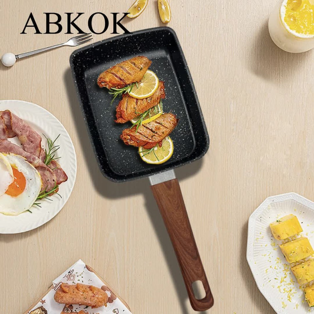 Rectangular Tamagoyaki Egg Pan with Wooden or Plastic Handle and Optional Silicone Spatula in Three Options