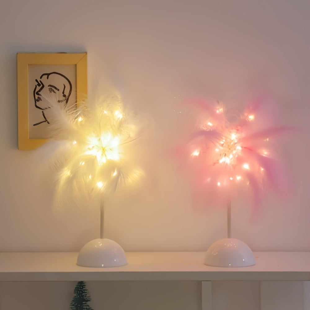 Night Light Feather Table Lamp with 40-Head Copper-Wire LEDs in White, Pink or Two-Piece Pink Options
