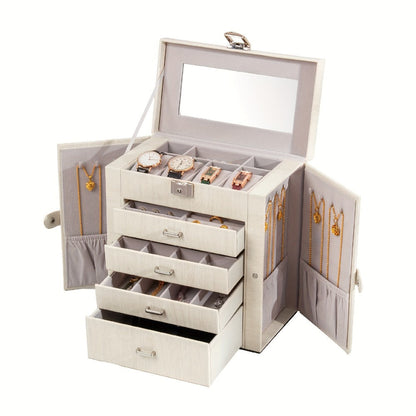 Large Jewelry Box 5-Tier PU Leather Organizer with Lock & Mirror – Storage Case for Bracelets, Earrings, Rings & Necklaces