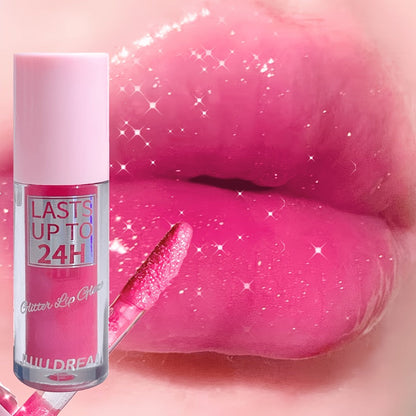 24H Waterproof Glitter Lip Gloss & Lip Stain Set 3PCS – Moisturizing Lip Oil Formula, Long-Lasting Smudge-Proof Glitter Shine in Berry Coral Pink Red Shades for Women All Skin Tones