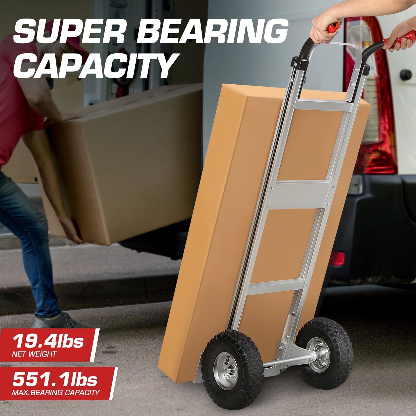 Upright Aluminum Hand Truck with Folding Toe Plate, 10-Inch Pneumatic Tires and 550 lb Load Label