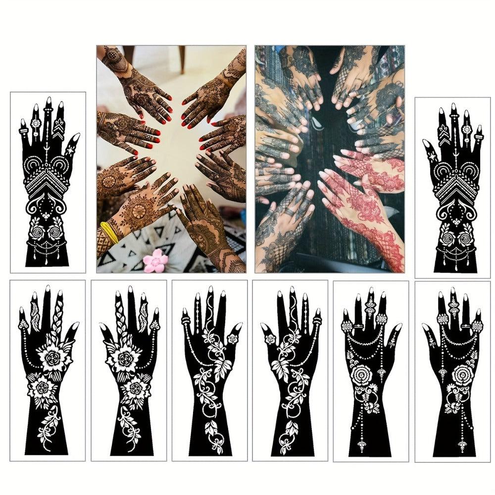 Eight-Piece Hand-Length Tattoo Stencil Set with Floral Patterns for Hands and Forearms in SM010 or SM011