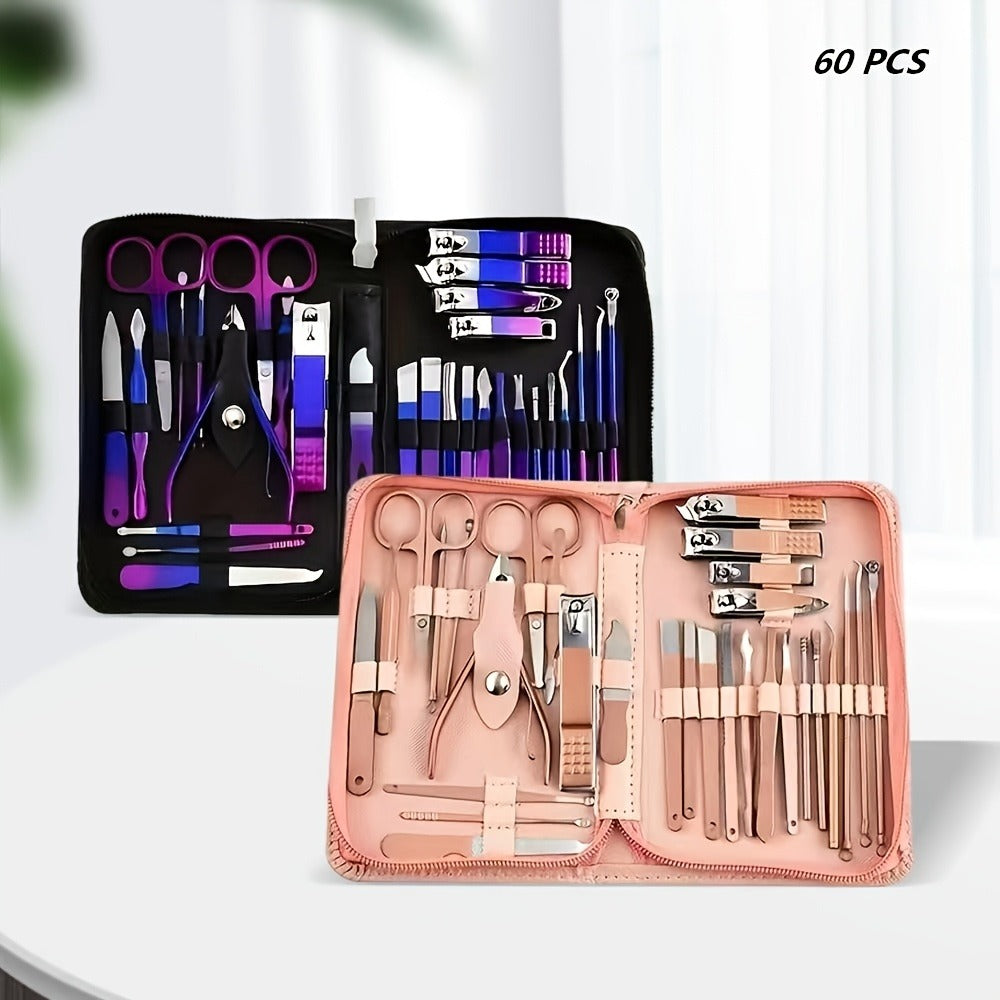 Portable Manicure and Pedicure Tool Set in 9-, 18-, 30- or 60-Piece Case Configurations for Nail Care