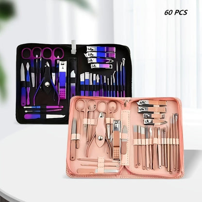 Portable Manicure and Pedicure Tool Set in 9-, 18-, 30- or 60-Piece Case Configurations for Nail Care