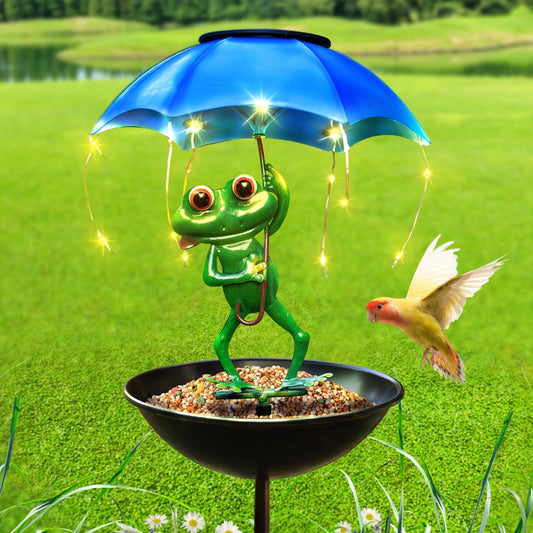Solar Garden Decor Frog with Umbrella LED Light – Iron Frog Outdoor Statue with Solar Powered LED | Bird Feeder Garden Ornament for Patio, Lawn, Pathway & Deck | Unique Valentine Gift Yard Decoration