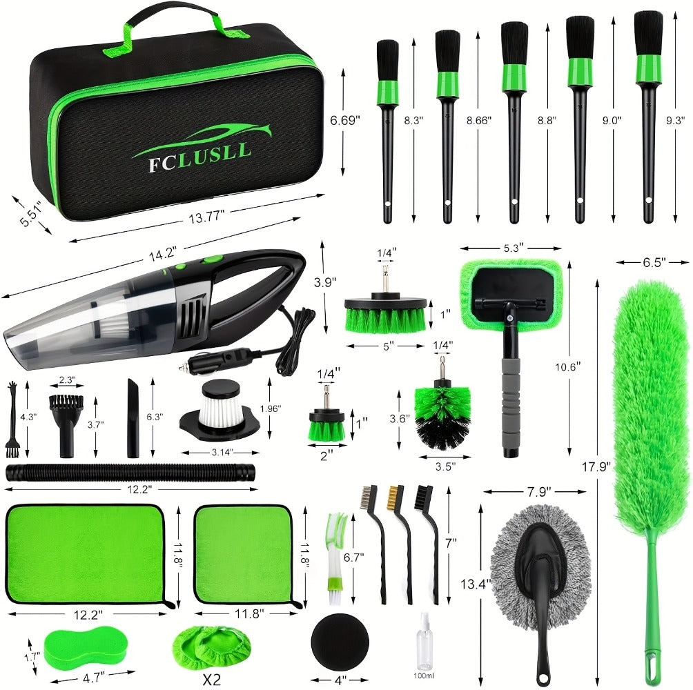 Car Cleaning Kit with Portable Vacuum Cleaner – 17/24/29/32/35pcs Interior Detailing Set with Windshield Cleaner, Drill Brush Set & Interior Brush Set – Complete Auto Care Kit