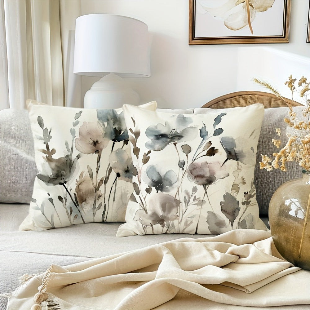 Four-Piece Watercolor Poppy Pillow Cover Set, 17.72 x 17.72 Inches with Neutral Botanical Prints