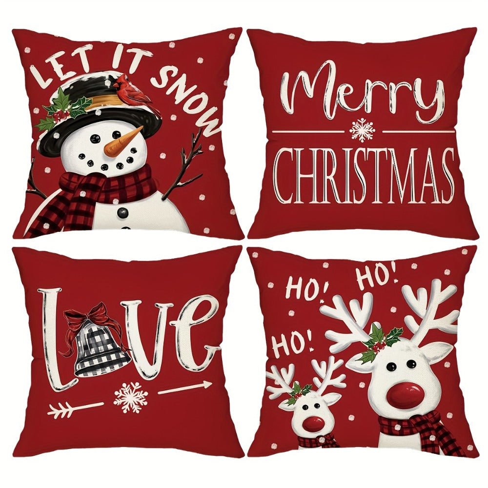 Four-Piece Christmas Pillow Cover Set, 17.72 x 17.72 Inches with Reindeer, Snowman and Holiday Typography