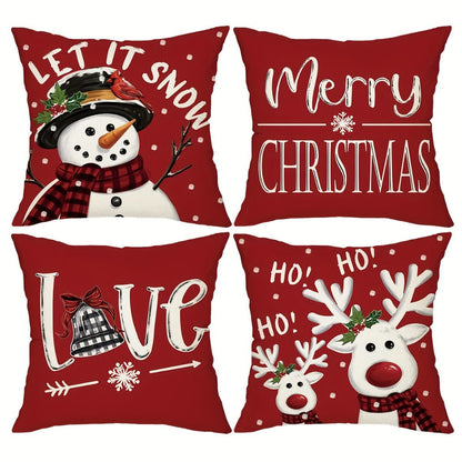 Four-Piece Christmas Pillow Cover Set, 17.72 x 17.72 Inches with Reindeer, Snowman and Holiday Typography