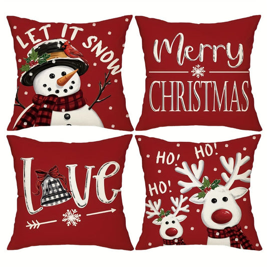 Christmas Throw Pillow Covers 4pcs Set 18x18 | Reindeer Snowman Buffalo Plaid Cushion Covers, Winter Holiday Farmhouse Home Decor, Sofa Couch Porch Patio, No Insert