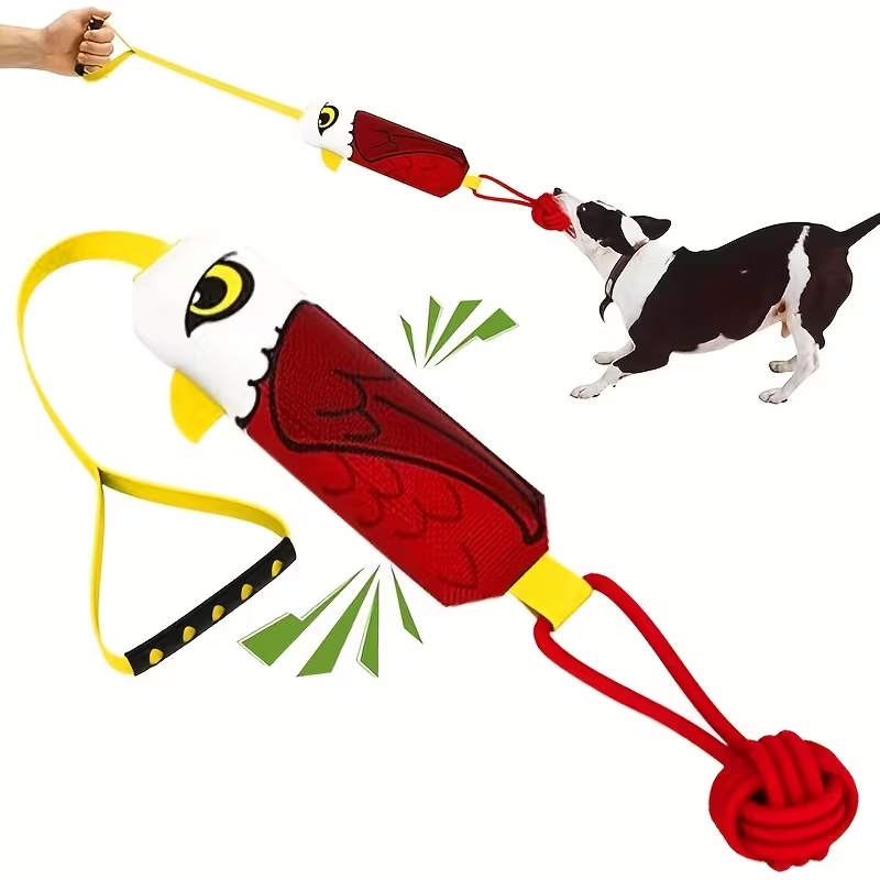 Dog Toy Rope Tug with Knotted Squeaky Ball in Camouflage, Corn, Eagle or Shark Designs for Larger Dogs