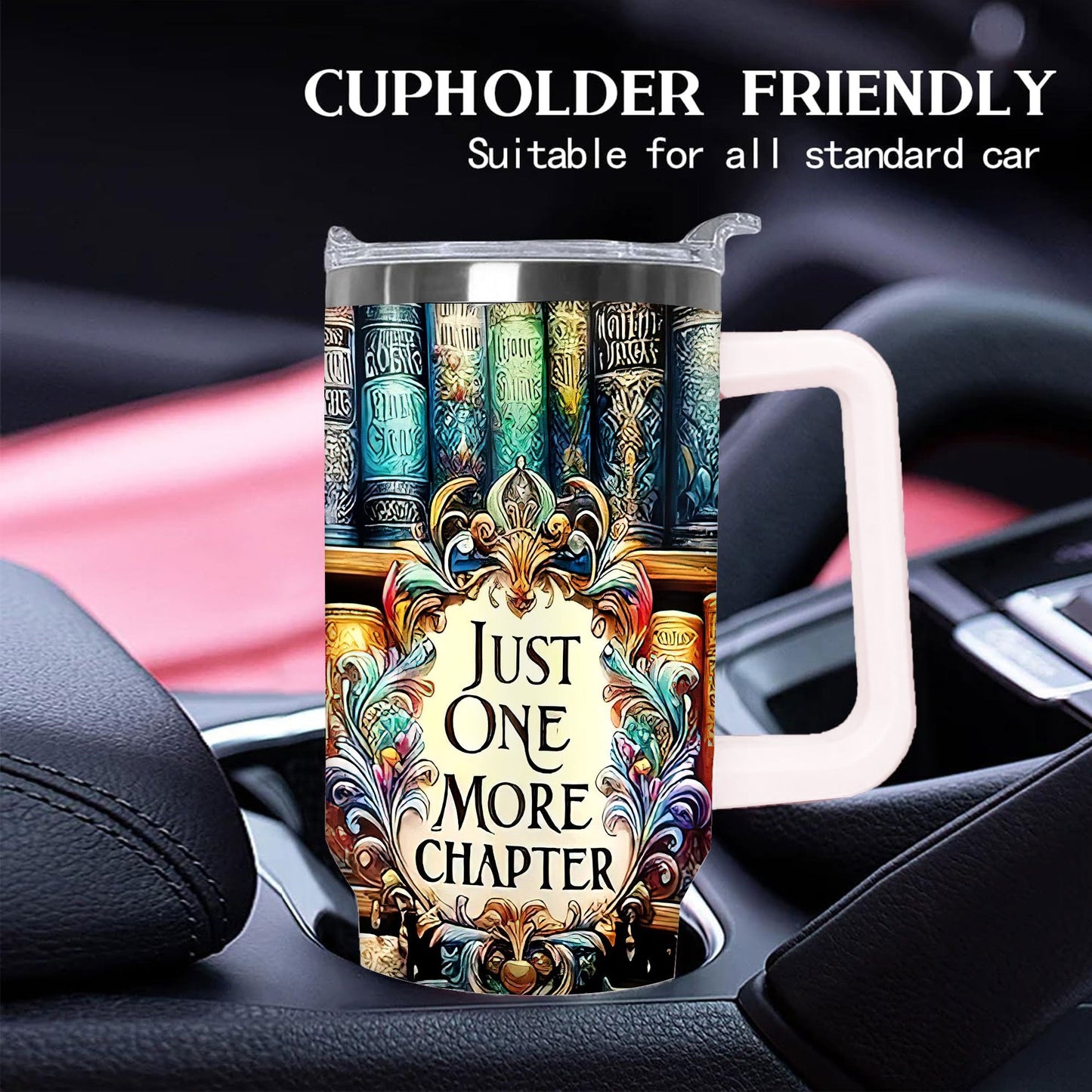 40oz Bookshelf-Art Handled Tumbler with Rotating Two-Position Lid, Straw and 7.5 x 27.5 cm Pictured Size