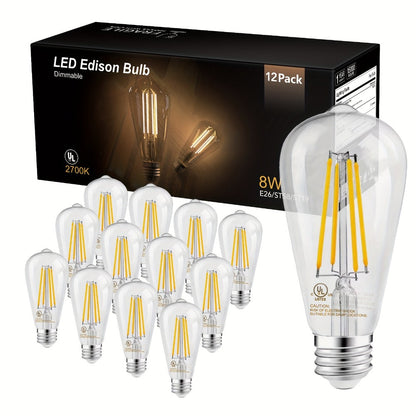 ST58 Vintage Edison LED Filament Bulbs, 8 W with Dimmable E26 Base and 2700 K Warm White, 12 or 24 Packs