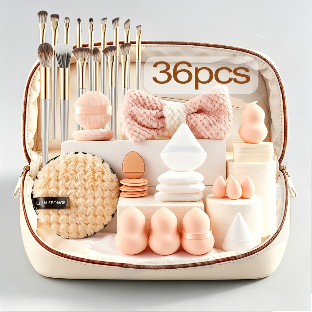 Makeup Brush Set, 36- or 49-Piece Nylon Bristle Collection with Blending Sponges and Expandable Storage Box