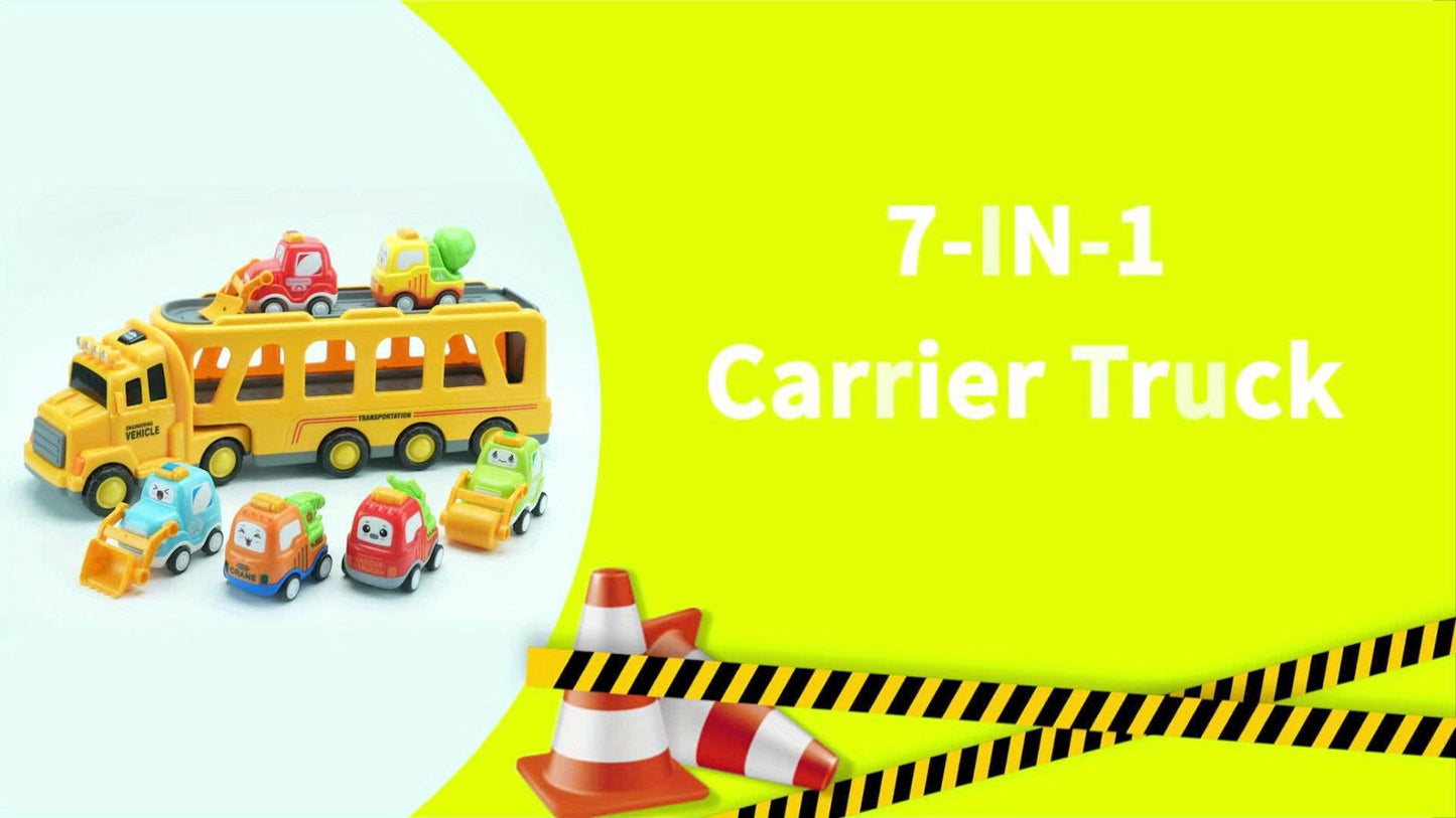 Transport Construction Truck Toy for Boys – 16.9 Inch Large Carrier Truck with 6 Cars, Lights & Sounds, Push & Go Vehicle Playset for Kids Toddlers, Birthday Christmas Gift for Boys Girls