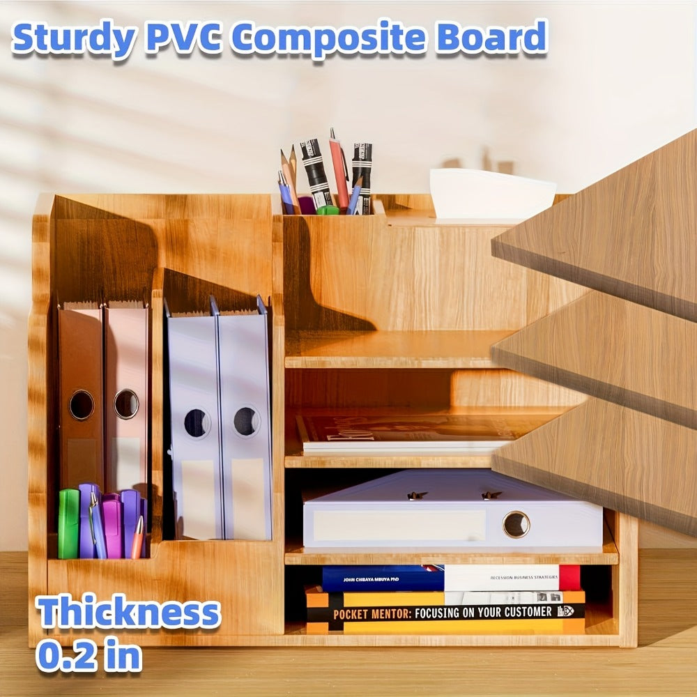Wooden Desktop Document Organizer with File Slots, Open Shelves, Small Drawer and Approximately 38 cm Width