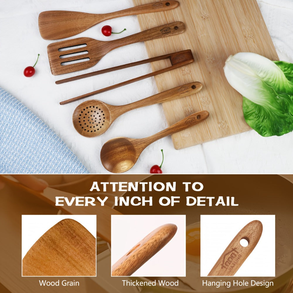 Wooden Kitchen Utensils Set 3/5/7Pcs – Natural Wood Spoons, Spurtle, Ladle & Wok Spatulas for Non-Stick Pans | Heat Resistant, Ergonomic Handle, Easy to Clean