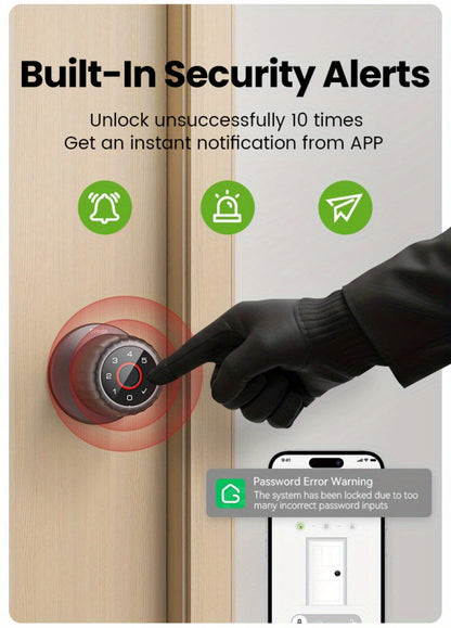 GHome KD03 PRO Smart Door Knob 4-in-1 with USB-C Charging & Gateway Remote - Fingerprint, Keypad & App, Anti-Peep, Tamper Alarm, Emergency Power, Keyless Entry, Black