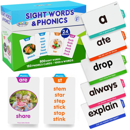 Sight Words and Phonics Flash Card Set with 500 Sight Words, 150 Phonics Cards and Three Learning Levels
