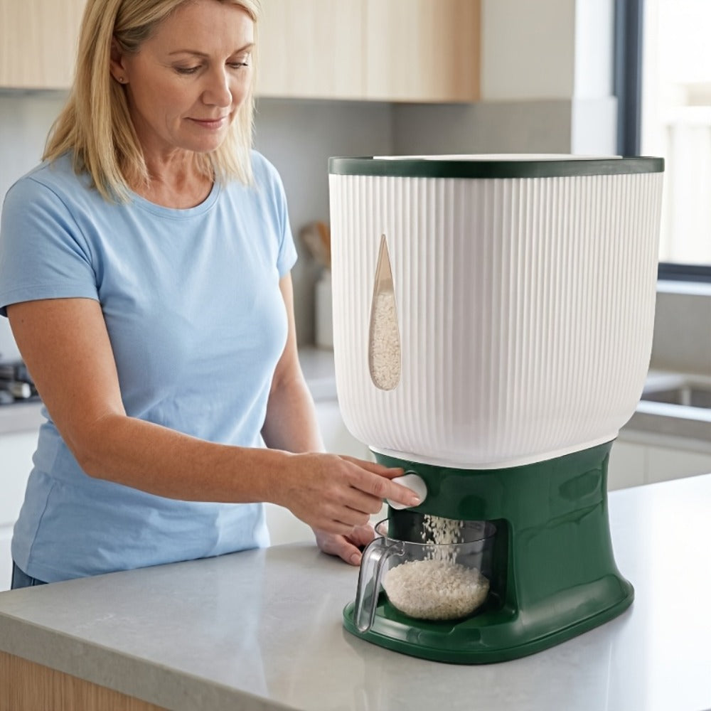 Rice Dispenser with Measuring Cup, 22LB Large Capacity 6-Chamber Sealed Grain Storage Container, Transparent Window, Moisture & Insect Resistant, One-Click Design for Rice Beans Flour Pet Food – Kitchen Cabinet Organizer
