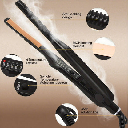 2-in-1 Ceramic Flat Iron Hair Straightener Curling Iron Adjustable Temperature Portable Mini Styling Tool for Short Hair Beard Women Men Travel Daily Use Gift Black