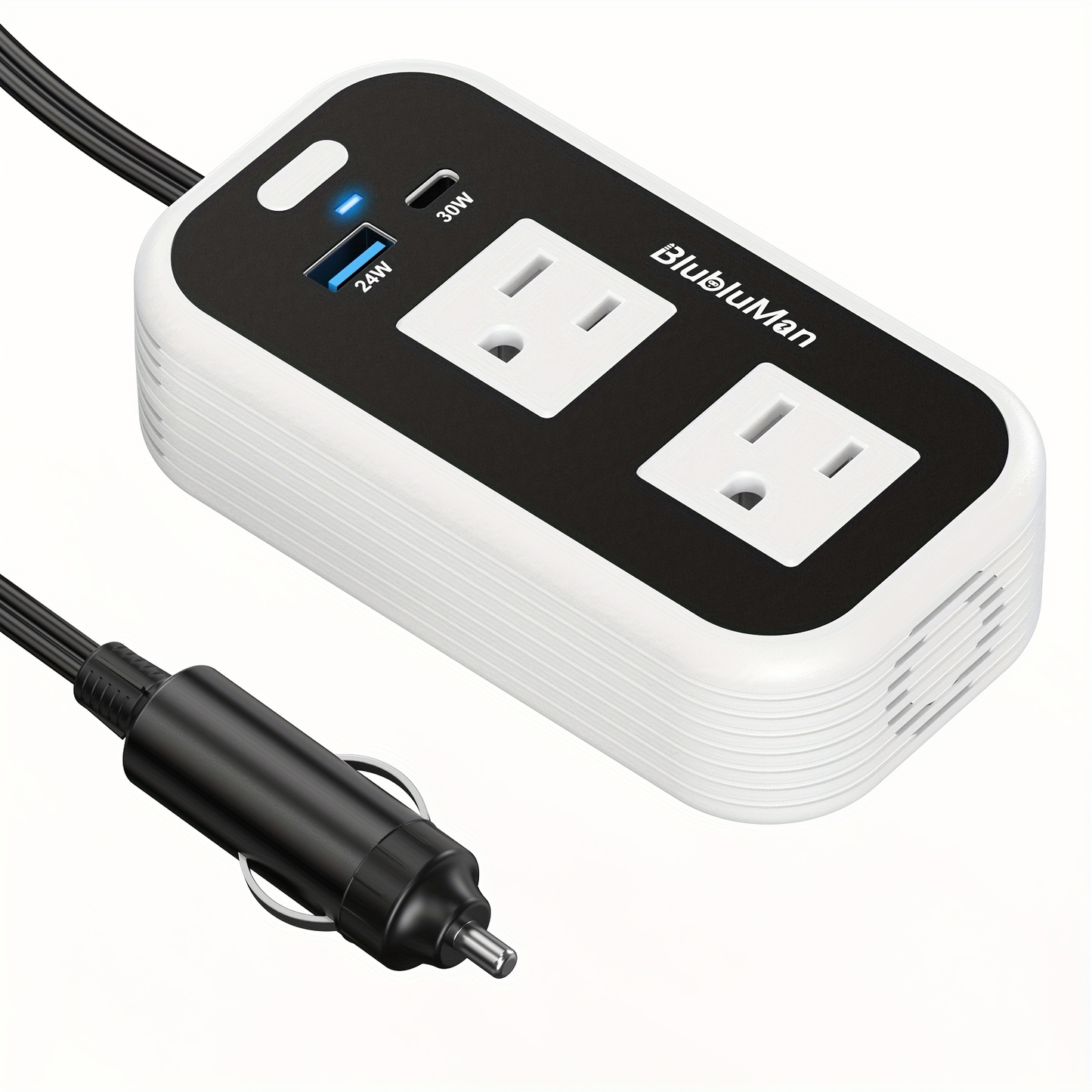 White-and-Black 200W Car Power Inverter with Two AC Outlets, 30W PD USB-C and 24W QC3.0 Ports