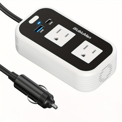 White-and-Black 200W Car Power Inverter with Two AC Outlets, 30W PD USB-C and 24W QC3.0 Ports