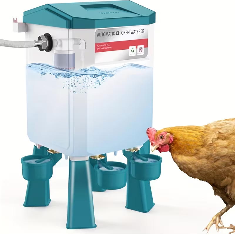 Hose-Connected Automatic Poultry Waterer with Float Valve, Four Cups and Red or Teal Color Options