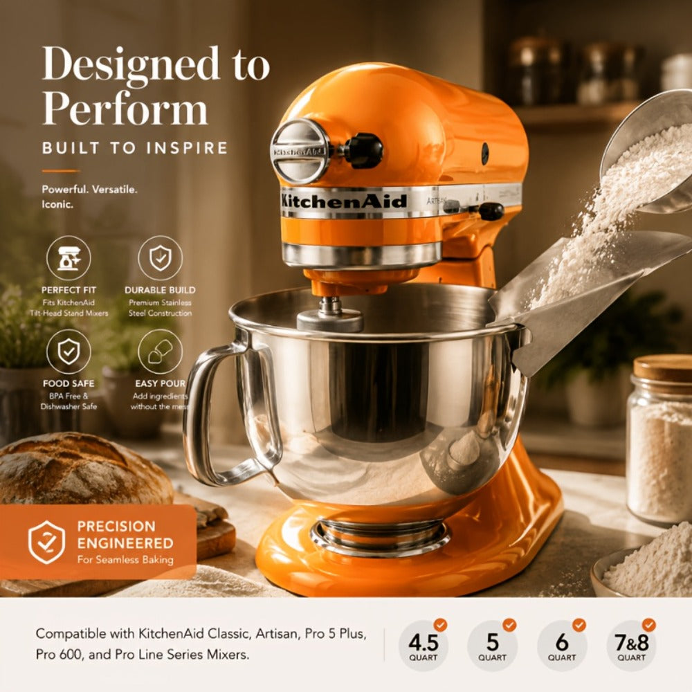 Stainless Steel Stand Mixer Pouring Chute for Select 4.5–8 Qt Tilt-Head and Bowl-Lift Mixers