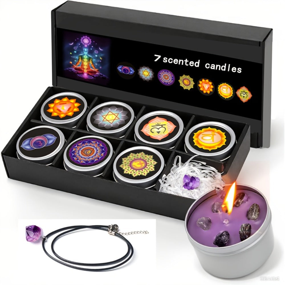 Seven-Piece Color Candle Gift Box with Crystal-Style Pendant Necklaces and Pictured 2.2 oz Tins